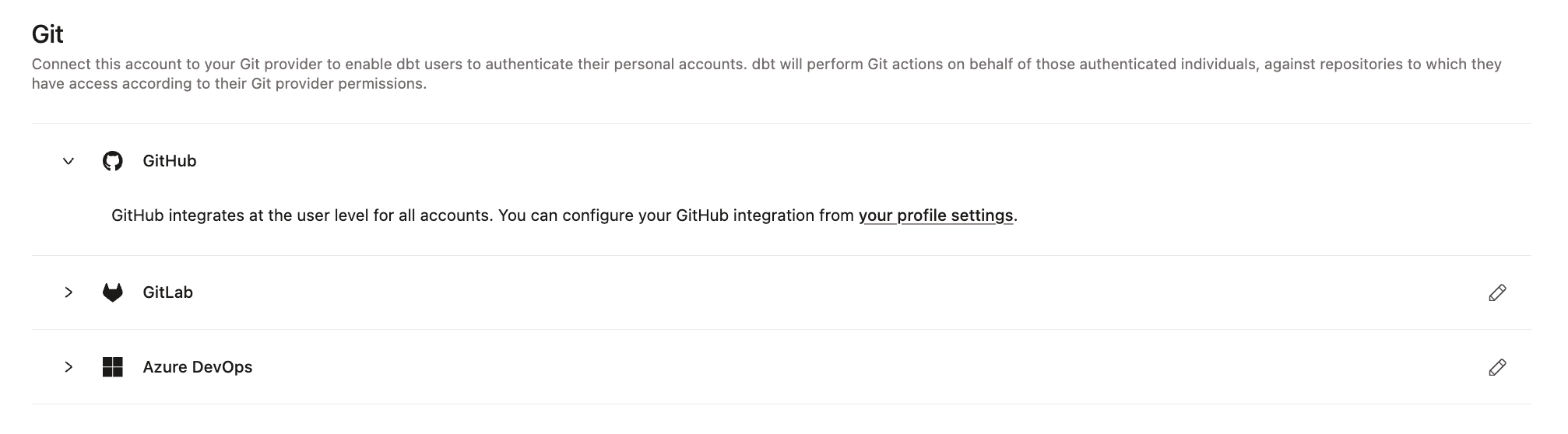 Example of the Git integration page